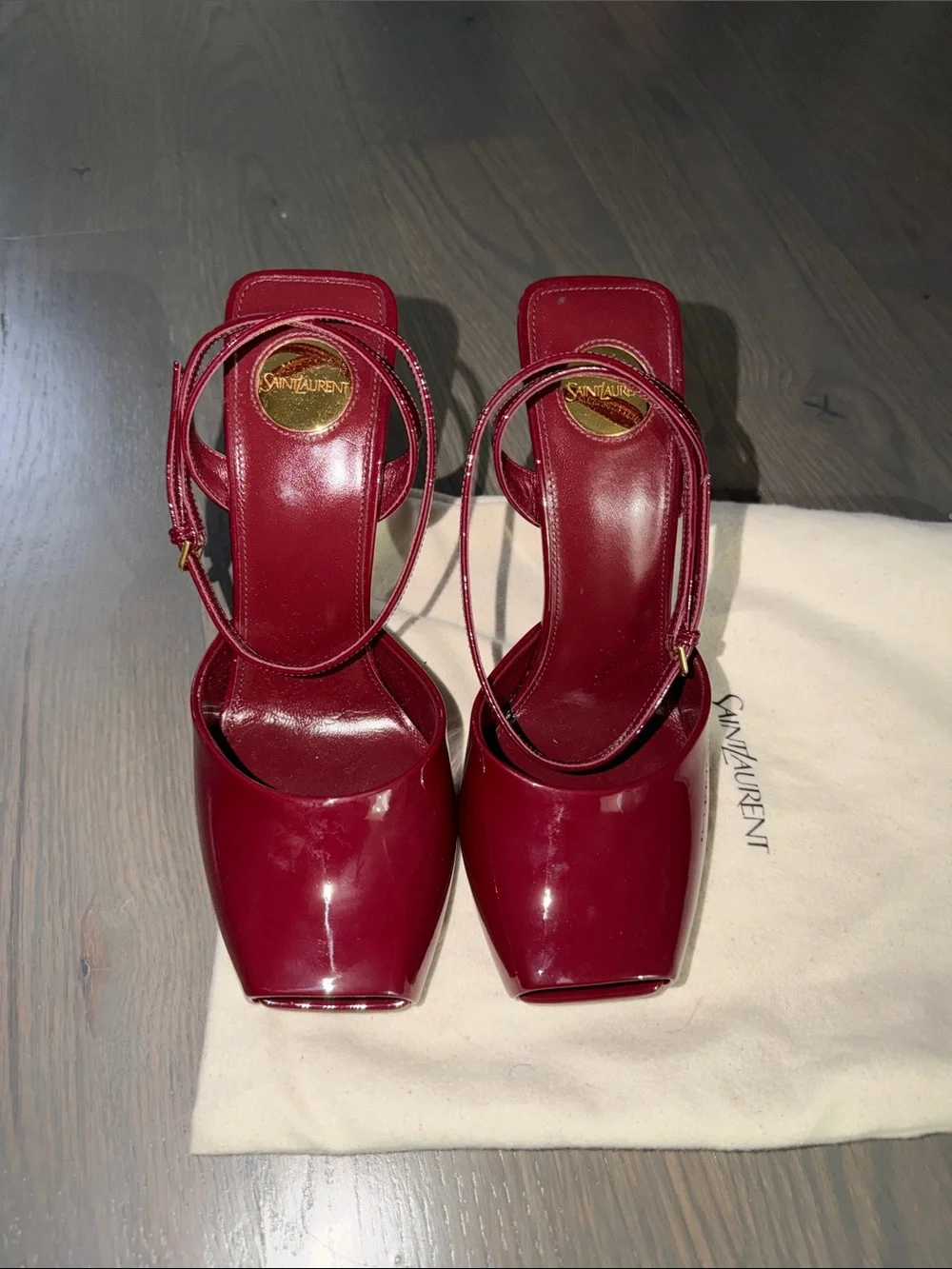Saint Laurent Red Patent Leather Square-Toe Ankle-Strap Heels - Picture 1 of 4
